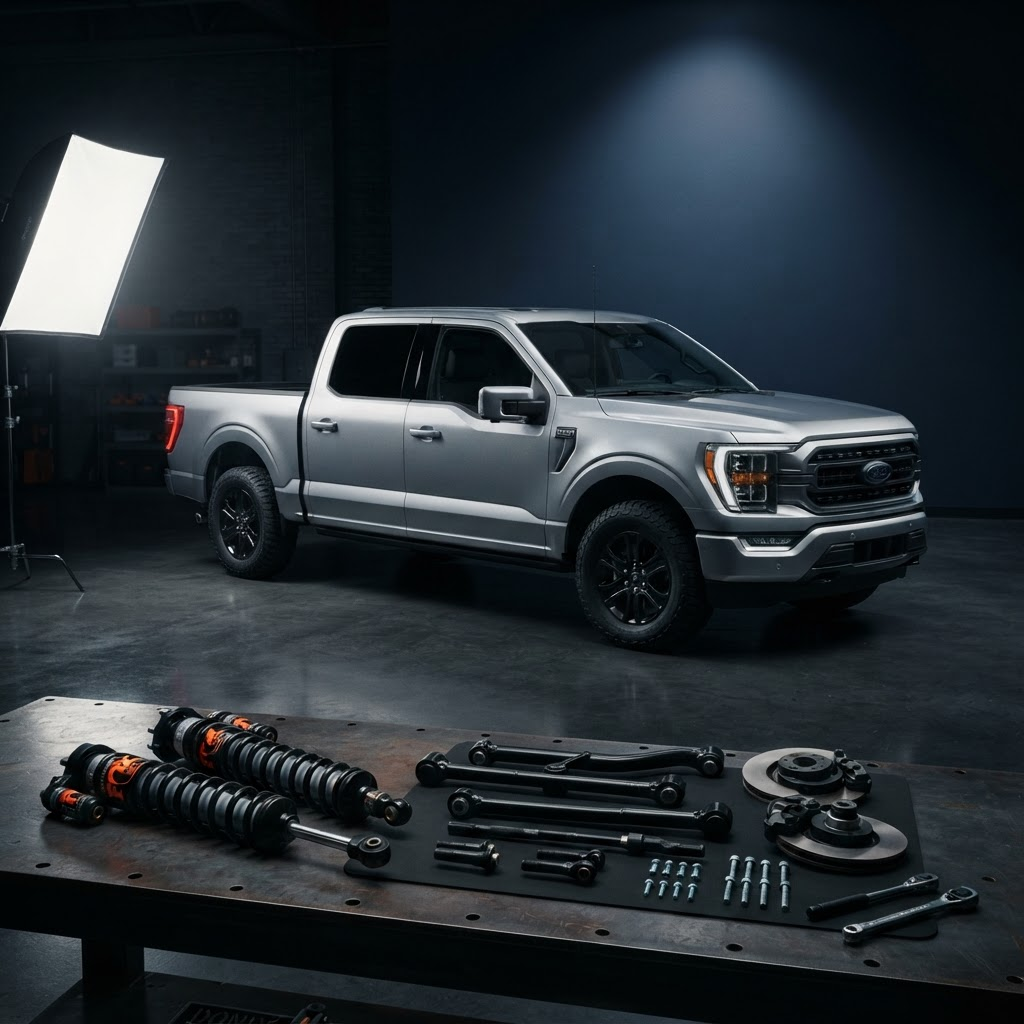 Pickup moderna junto a kits de suspensión y repuestos